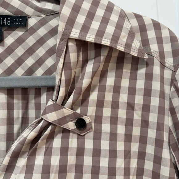 Lafayette 148 Gingham Button Down Blouse size 6 Taupe Cream Roll Tab Long Sleeve - Picture 3 of 12